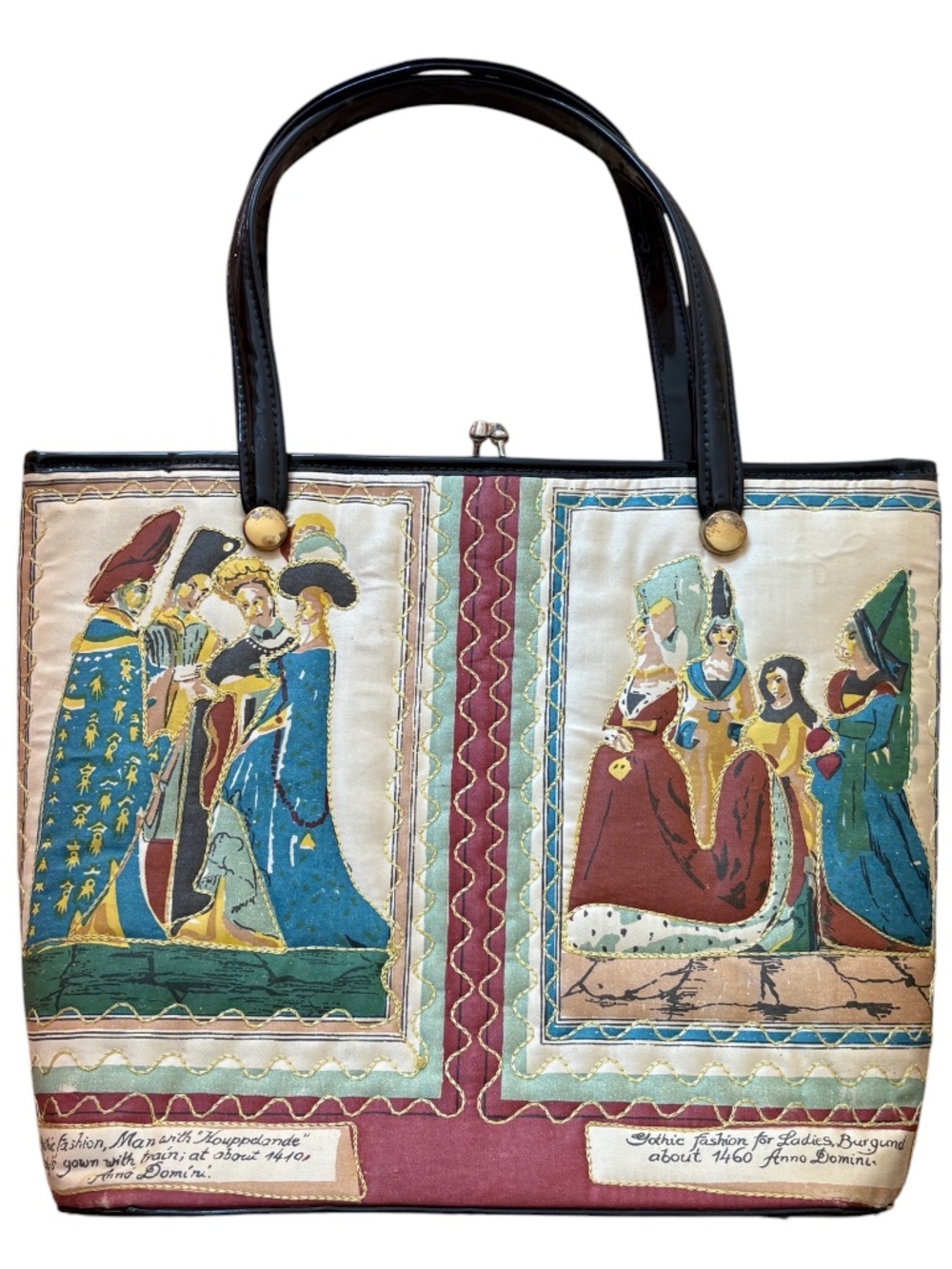 Soure vintage hand embroidered hand bag black patent leather multi pocket medium